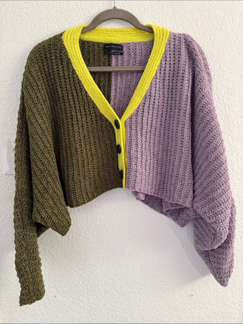 Urban Outfitters Colorblock Cropped V-Neck Cardigan in Olive, Lavender & Yellow